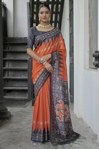 Red color tussar silk blend temple border print sarees