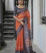 Red color tussar silk blend temple border print sarees