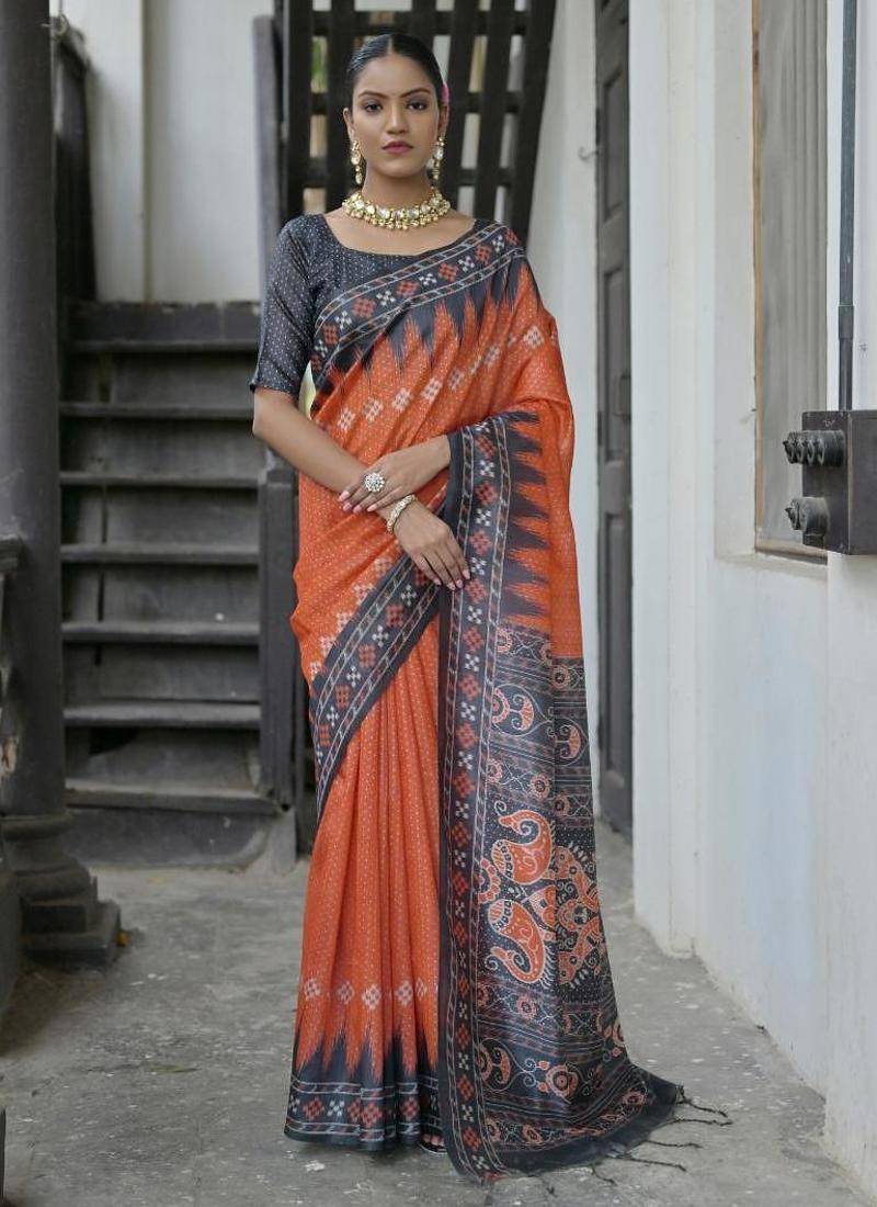 Red color tussar silk temple border print sarees