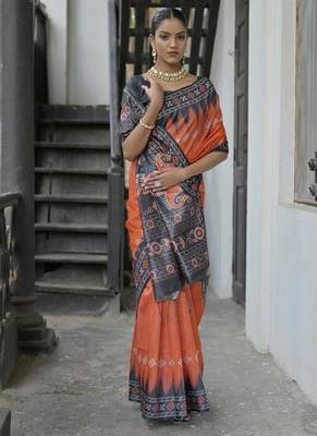 Red color tussar silk blend temple border print sarees 2
