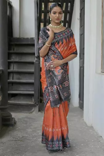Red color tussar silk blend temple border print sarees