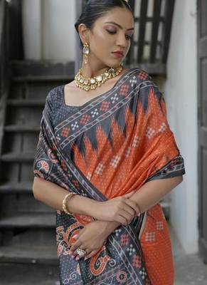 Red color tussar silk blend temple border print sarees 3