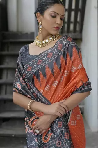 Red color tussar silk blend temple border print sarees