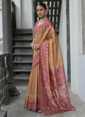 Yellow color tussar silk blend temple border print sarees 1