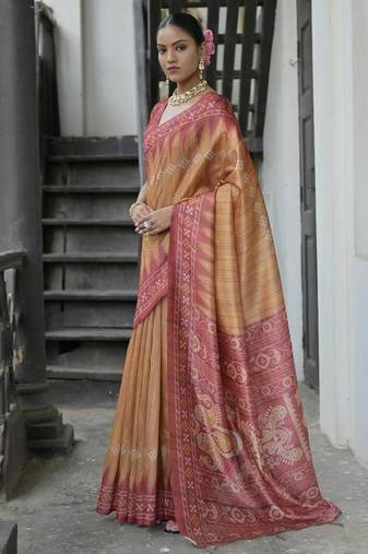 Yellow color tussar silk temple border print sarees