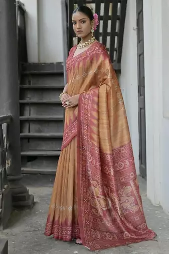 Yellow color tussar silk blend temple border print sarees