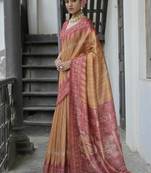 Yellow color tussar silk temple border print sarees