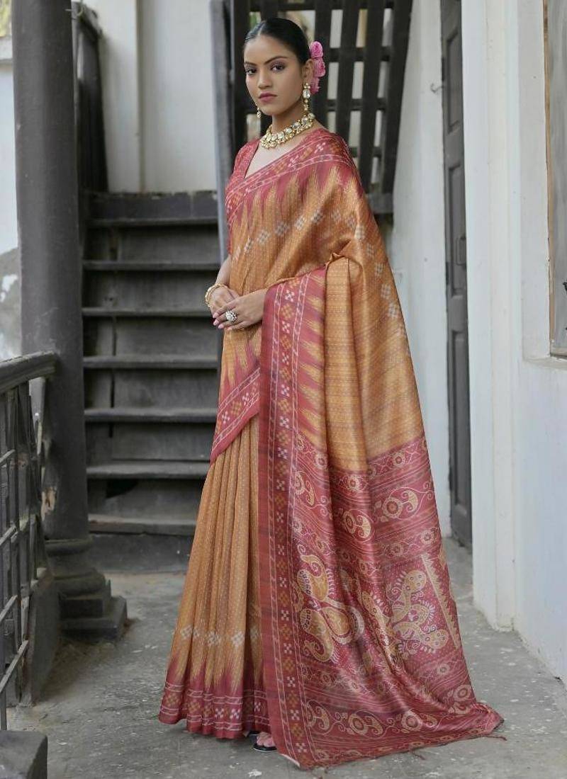 Yellow color tussar silk temple border print sarees