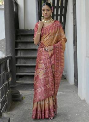 Yellow color tussar silk blend temple border print sarees 2