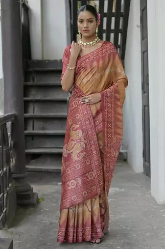 Yellow color tussar silk blend temple border print sarees