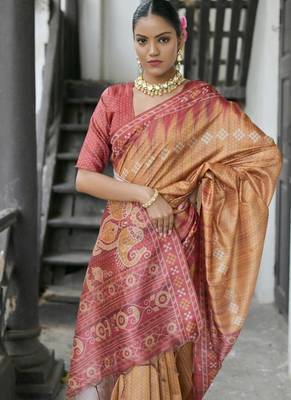 Yellow color tussar silk blend temple border print sarees 3