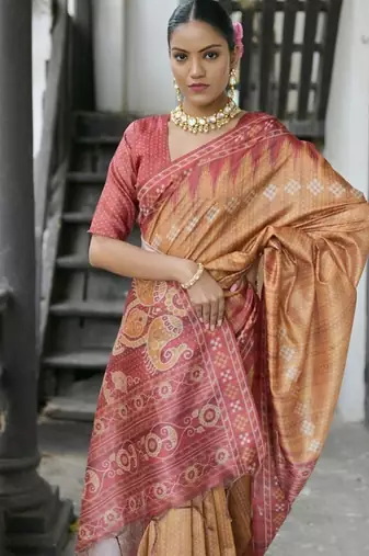 Yellow color tussar silk blend temple border print sarees