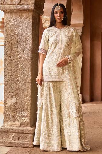 Mint green embroidered silk chanderi sharara set