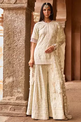 Mint green embroidered silk chanderi sharara set