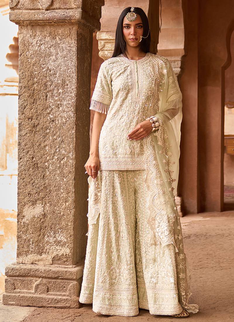 Mint green embroidered silk chanderi sharara set
