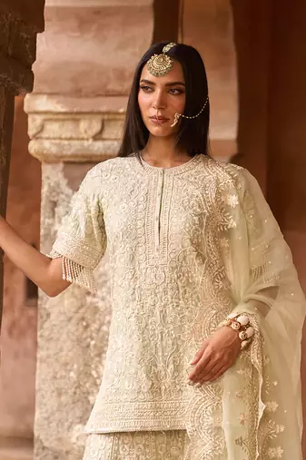 Mint green embroidered silk chanderi sharara set