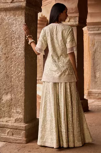 Mint green embroidered silk chanderi sharara set