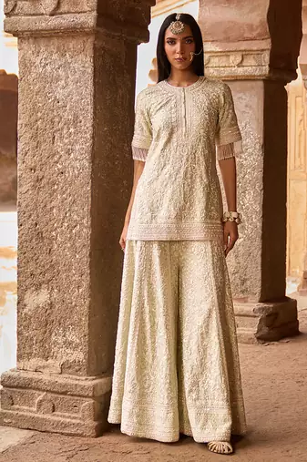 Mint green embroidered silk chanderi sharara set