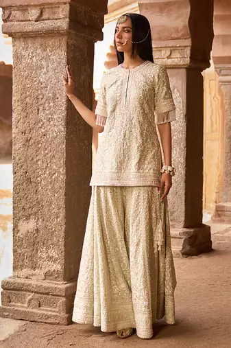 Mint green embroidered silk chanderi sharara set