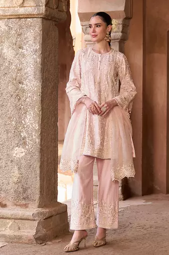 Pink embroidered silk chanderi kurta set