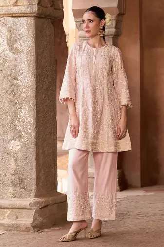 Pink embroidered silk chanderi kurta set