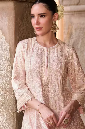 Pink embroidered silk chanderi kurta set