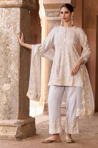 Daisy blue embroidered silk chanderi kurta set