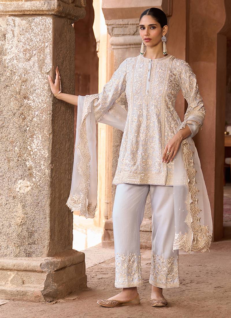 Daisy blue embroidered silk chanderi kurta set