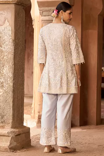Daisy blue embroidered silk chanderi kurta set