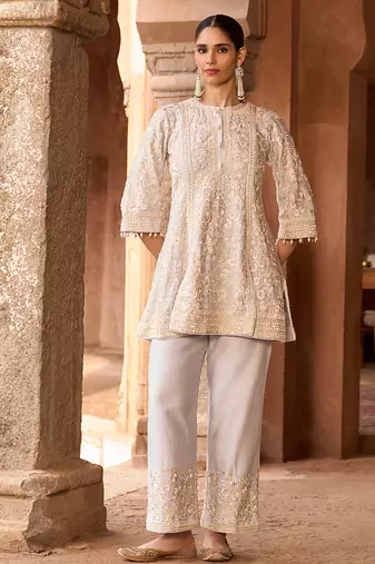 Daisy blue embroidered silk chanderi kurta set