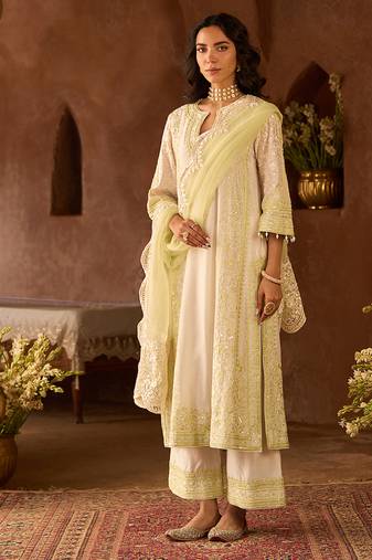 Mint green embroidered silk chanderi kurta set