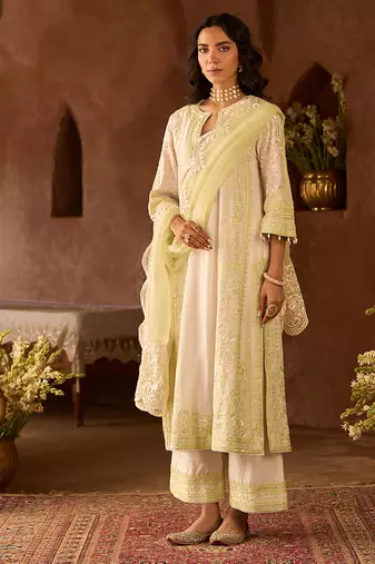 Mint green embroidered silk chanderi kurta set