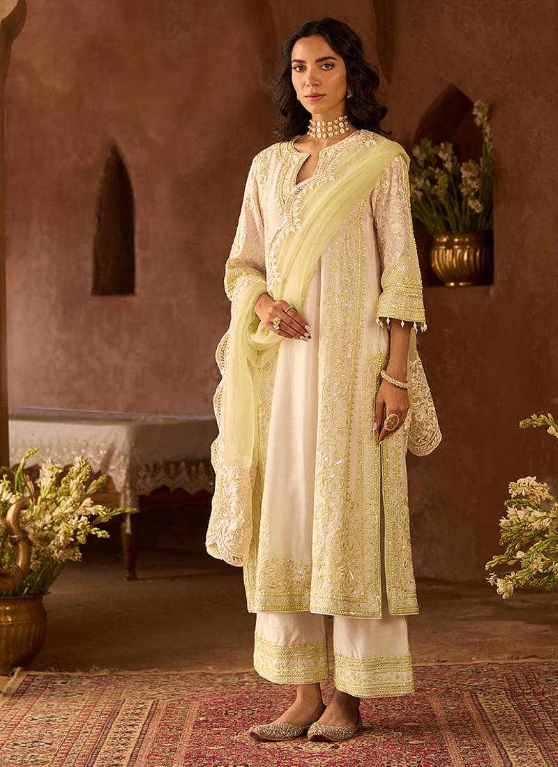 Mint green embroidered silk chanderi kurta set
