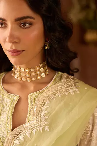 Mint green embroidered silk chanderi kurta set