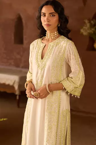 Mint green embroidered silk chanderi kurta set
