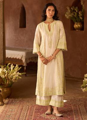 Mint green embroidered silk chanderi kurta set 5