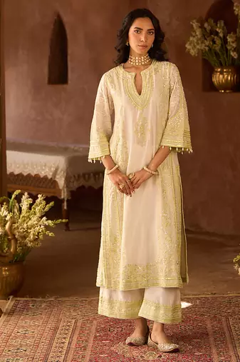 Mint green embroidered silk chanderi kurta set