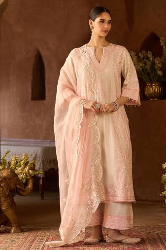 Pink embroidered silk chanderi kurta set