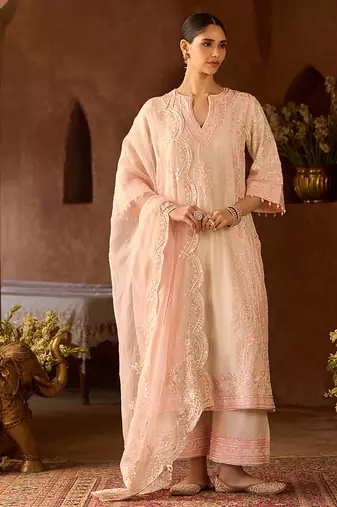 Pink embroidered silk chanderi kurta set