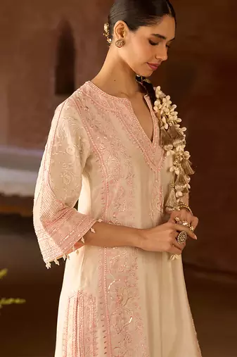 Pink embroidered silk chanderi kurta set