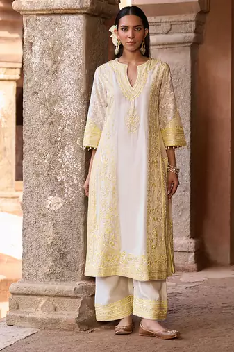 Lemon yellow embroidered silk chanderi kurta set