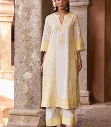 Lemon yellow embroidered silk chanderi kurta set