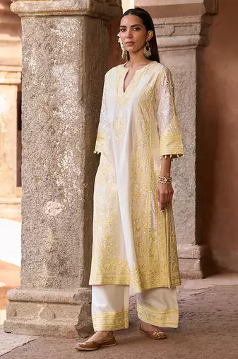 Lemon yellow embroidered silk chanderi kurta set