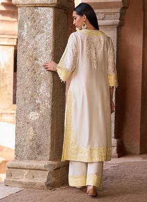 Lemon yellow embroidered silk chanderi kurta set 4