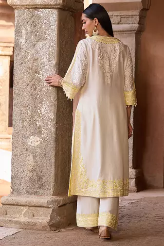 Lemon yellow embroidered silk chanderi kurta set