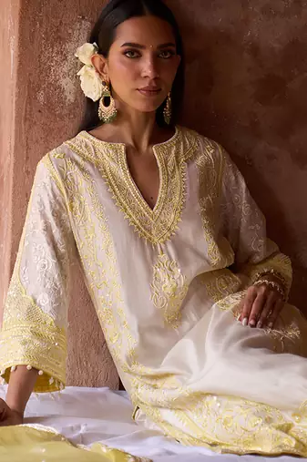 Lemon yellow embroidered silk chanderi kurta set