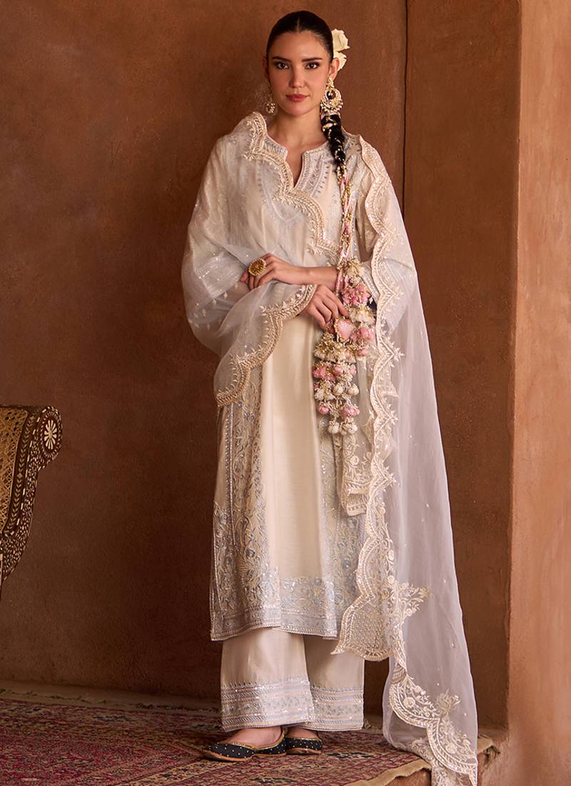 Daisy ivory blue embroidered silk chanderi kurta set