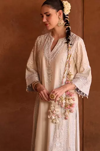 Daisy ivory blue embroidered silk chanderi kurta set