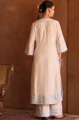 Daisy ivory blue embroidered silk chanderi kurta set