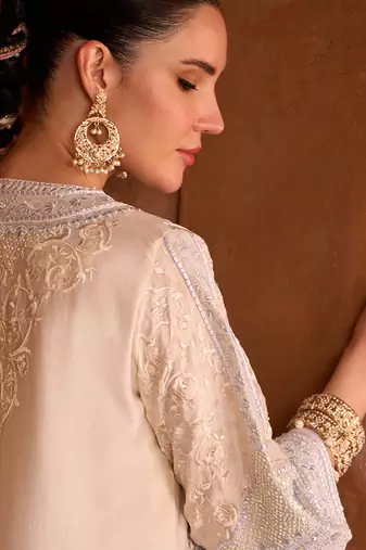 Daisy ivory blue embroidered silk chanderi kurta set